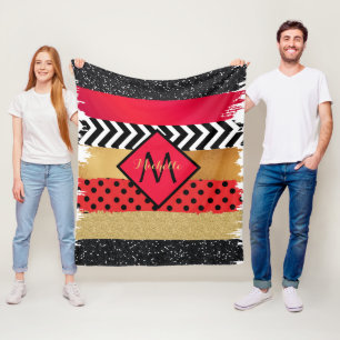 Red Black Gold Glitter Brush Stroke Monogrammed Fleece Blanket
