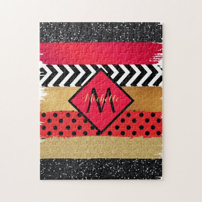 Red Black Gold Glitter Brush Stroke Monogrammed   Jigsaw Puzzle (Vertical)