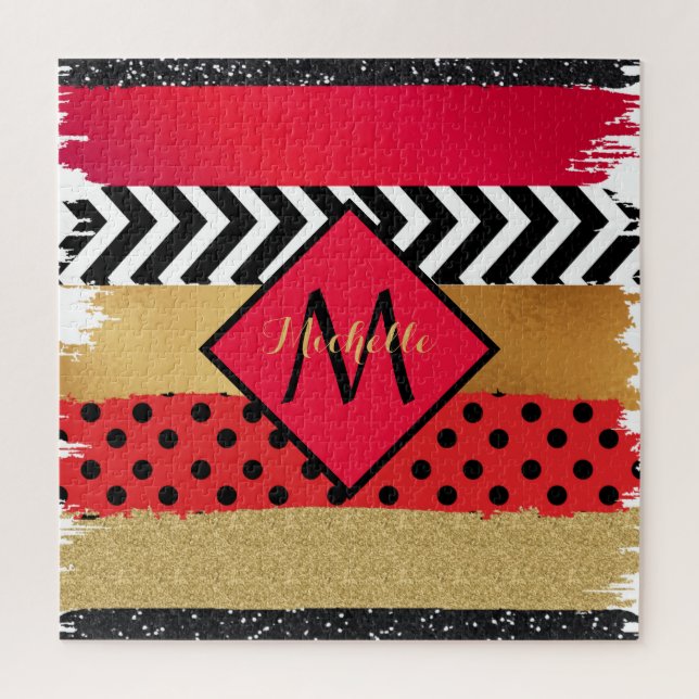 Red Black Gold Glitter Brush Stroke Monogrammed    Jigsaw Puzzle (Vertical)