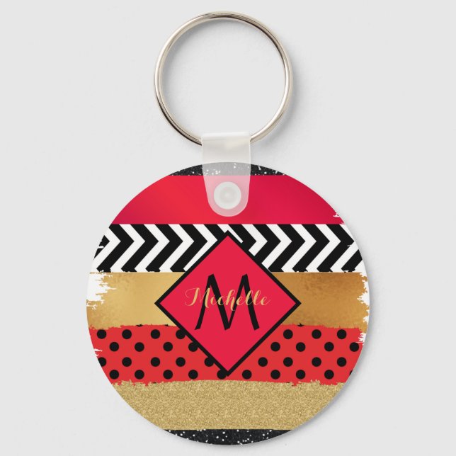 Red Black Gold Glitter Brush Stroke Monogrammed    Keychain (Front)