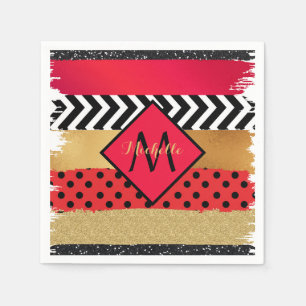 Red Black Gold Glitter Brush Stroke Monogrammed    Napkin