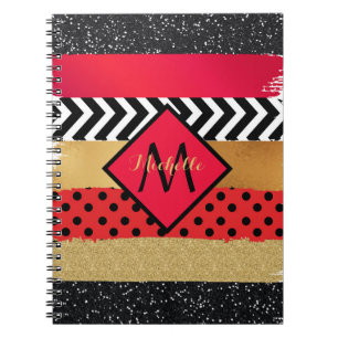 Red Black Gold Glitter Brush Stroke Monogrammed  Notebook