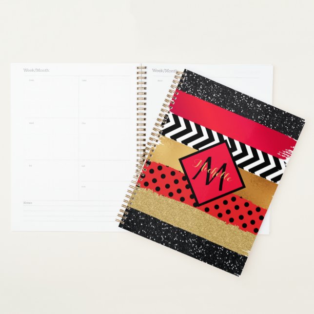 Red Black Gold Glitter Brush Stroke Monogrammed    Planner (Display)