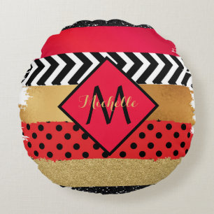 Red Black Gold Glitter Brush Stroke Monogrammed Round Pillow