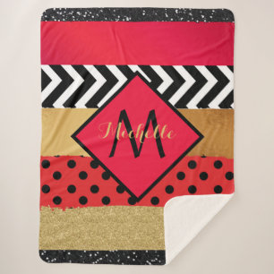 Red Black Gold Glitter Brush Stroke Monogrammed    Sherpa Blanket