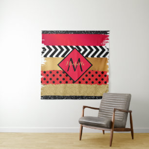 Red Black Gold Glitter Brush Stroke Monogrammed Tapestry