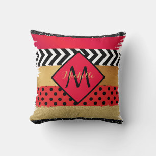 Red Black Gold Glitter Brush Stroke Monogrammed Throw Pillow