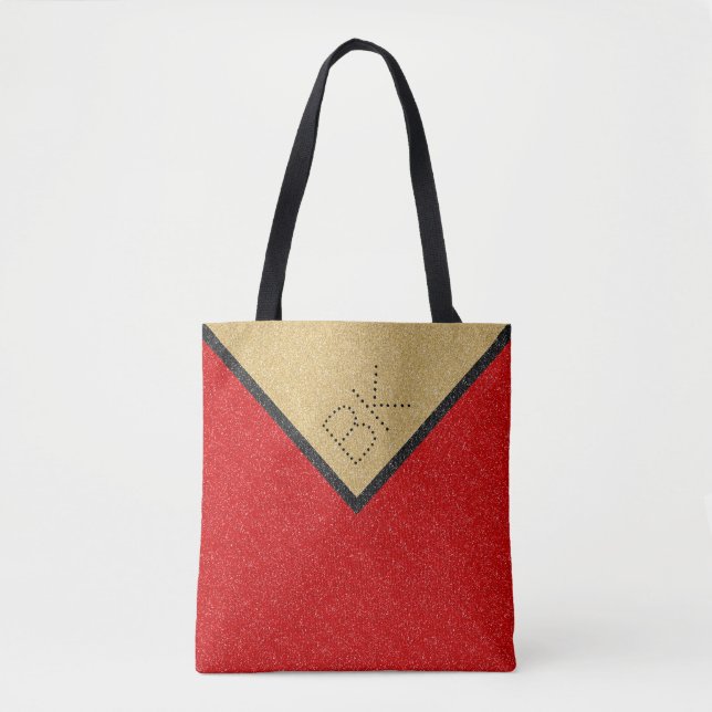 Red Black Gold Glitter Chic Monogram Personalized Tote Bag (Front)