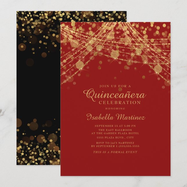 Red Black Gold Glitter String Lights Quinceañera Invitation (Front/Back)