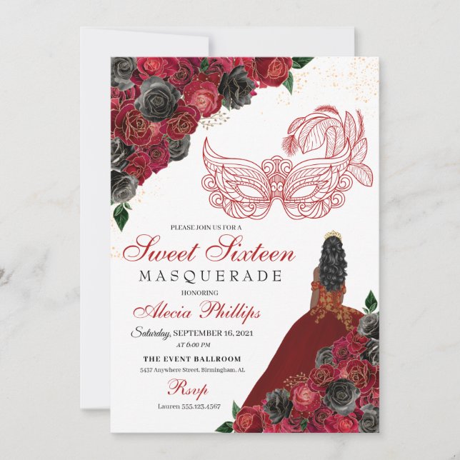 Red Black Gold Glitter Sweet 16 Masquerade Invitation (Front)