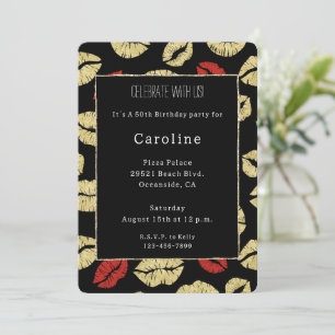 Red Black Gold Lips 50th Birthday   Invitation