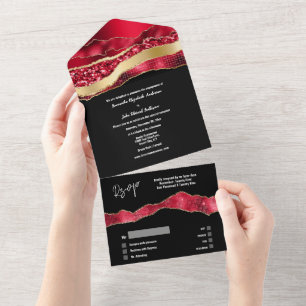Red black gold marble agate elegant engagement all in one invitation