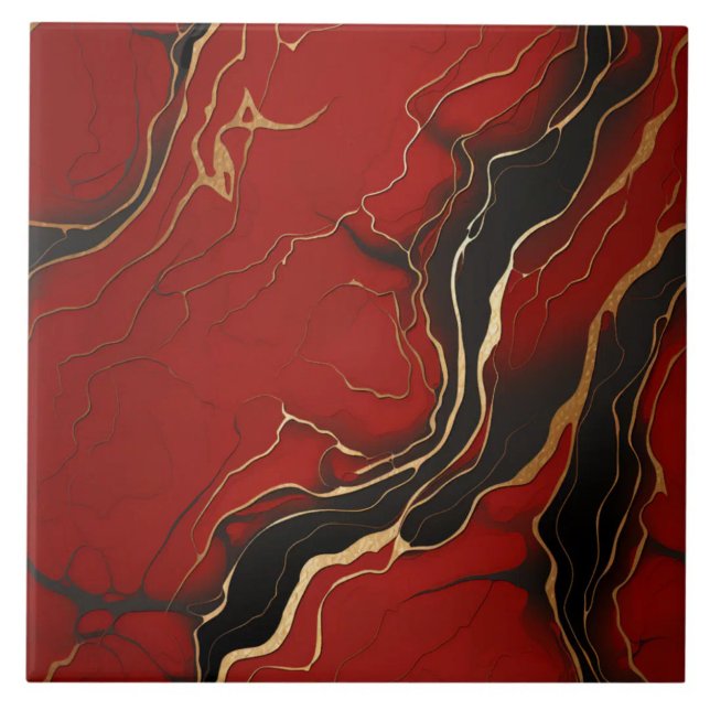 Red black gold Marbled Swirl Lines Tile (The complete printed tile design. Tiles sold individually.)