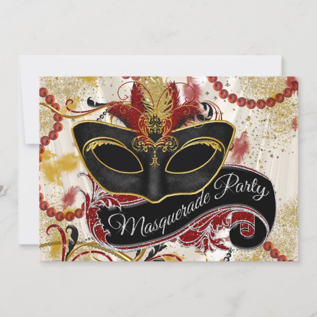 Red Black Gold Masquerade Party Invitation (Front)