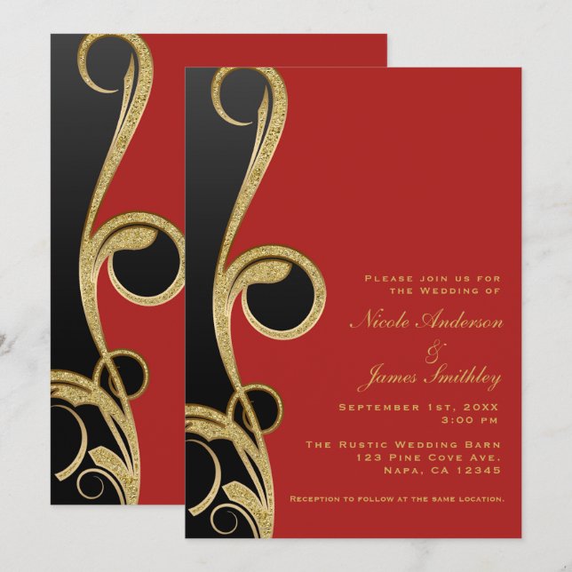 Red Black & Gold Modern Glam Elegant Swirl Wedding Invitation (Front/Back)
