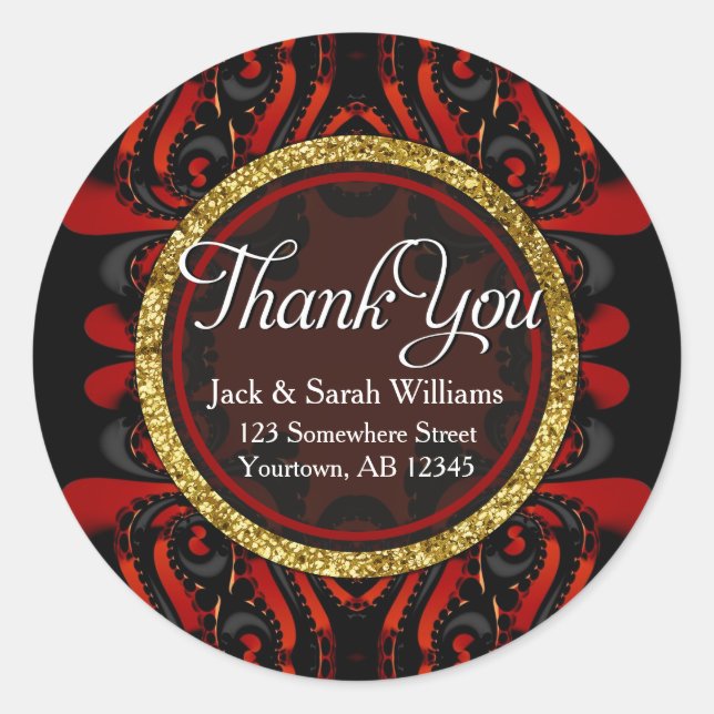 Red Black + Gold Thank You round Stickers (Devant)