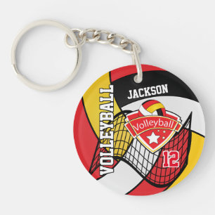 Red, Black, Gold & White Volleyball Design Keychain