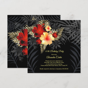 Red Black Gold yellow Hibiscus Floral Birthday Invitation