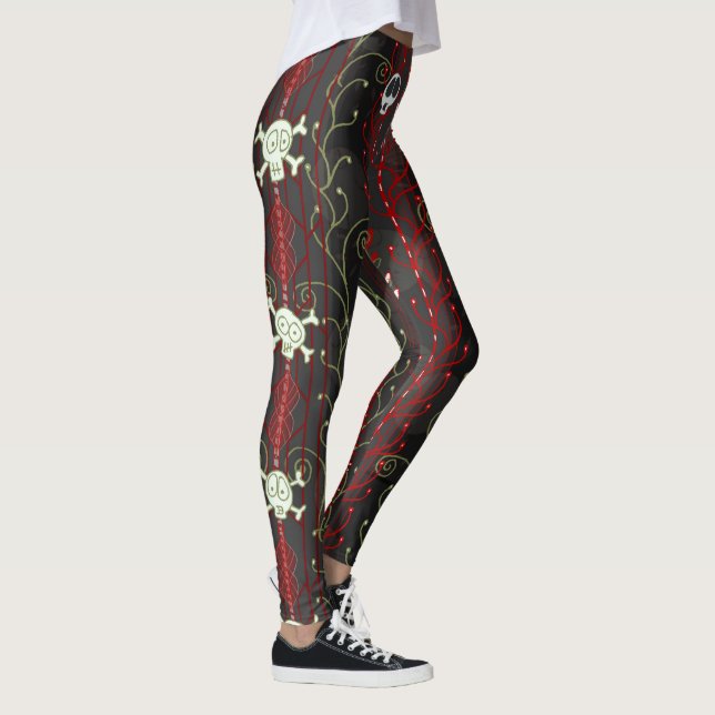 Red, Black Gothic Aesthetic Positive Punk Skull Leggings (Right)