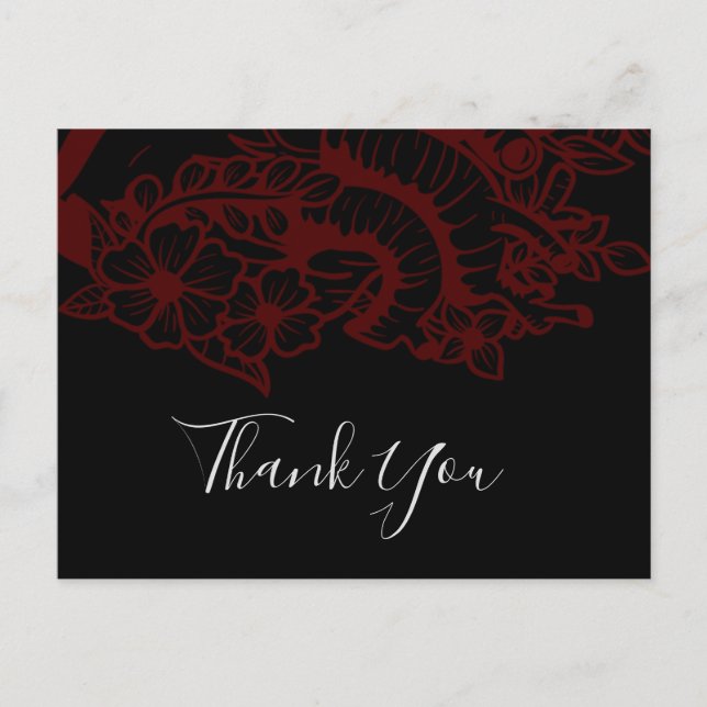 Red & Black Gothic Flower Heart Wedding Thank You  Postcard (Front)