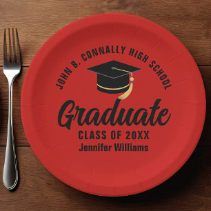 Red Black Graduate Personalized Graduation Party Paper Plate