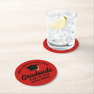 Red Black Graduate Personalized Graduation Party Round Paper Coaster
