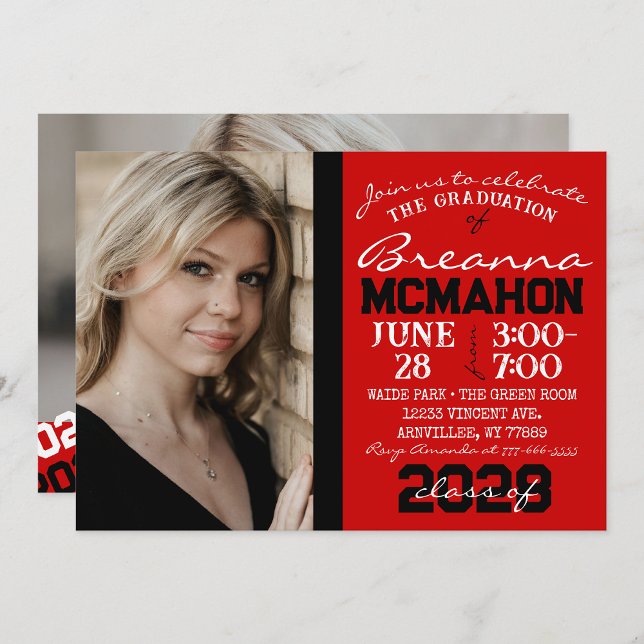 Red & Black Graduation 2 Photo Invitation ( Repeating Class Year 1 & 2 Photo Graduation Invitations & Announcements)