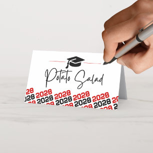 Red Black Graduation Cap Folding Label, Food or Place Card