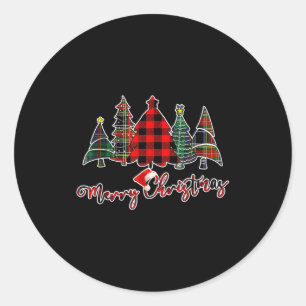 Red Black Green Buffalo Plaid Merry Christmas Tree Classic Round Sticker