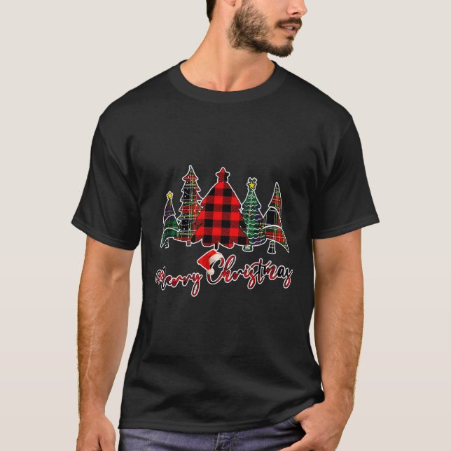 Red Black Green Buffalo Plaid Merry Christmas Tree T-Shirt (Front)