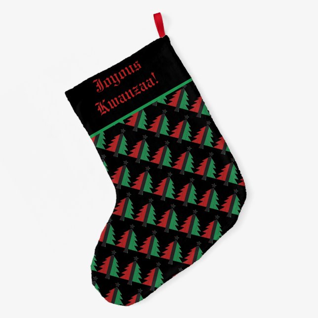 Red Black Green Christmas Tree Pattern Kwanzaa Lar Large Christmas Stocking (Back (Hanging))