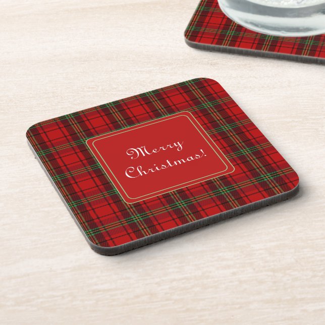 Red Black Green Cozy Plaids Merry Christmas Coaster (Left Side)