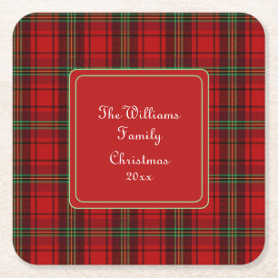 Red Black Green Cozy Plaids - Name Square Paper Coaster