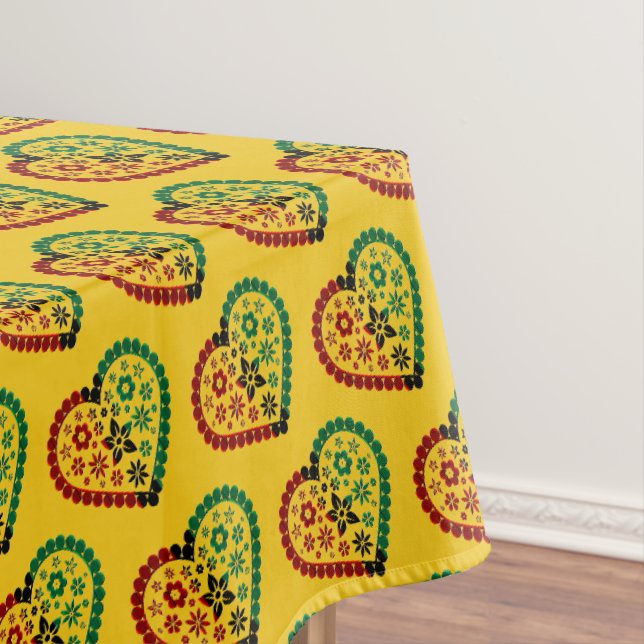Red Black Green Kinara Striped Hearts Kwanzaa Tablecloth (In Situ)