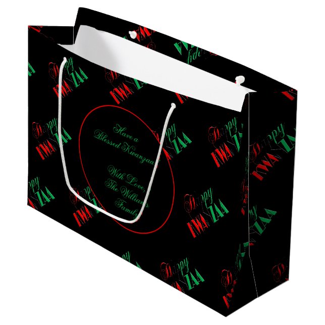 Red Black Green Kinara Typography Happy Kwanzaa Large Gift Bag (Front Angled)