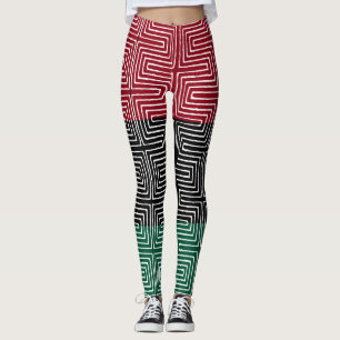 Red Black Green Maze African Mud Cloth Leggings