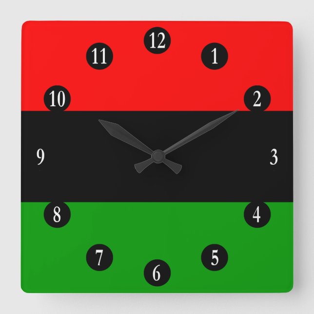 Red, Black, Green Pan African Flag, White Numbers Square Wall Clock (Front)