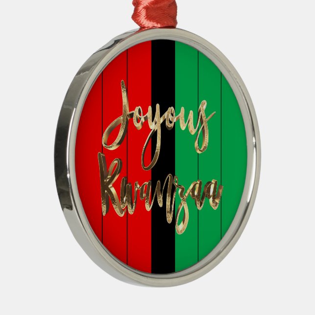 Red Black Green Striped Pattern Joyous Kwanzaa Metal Ornament (Right)