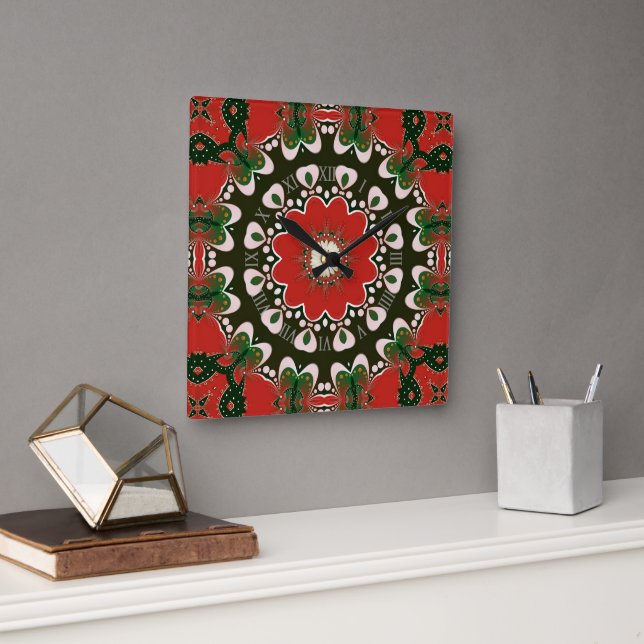 Red Black Green & White Groovy Mandala Square Wall Clock (Office)