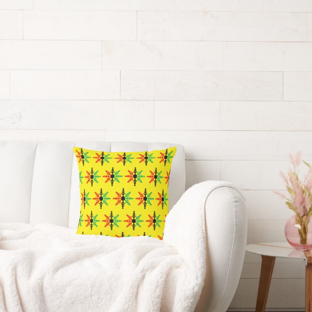 Red Black Green Yellow Snowflakes Kwanzaa Throw Pillow (Couch)