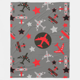 Red Black Grey Airplanes Pattern Fleece Blanket