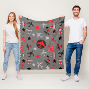 Red Black Grey Airplanes Pattern Large Fleece Blanket