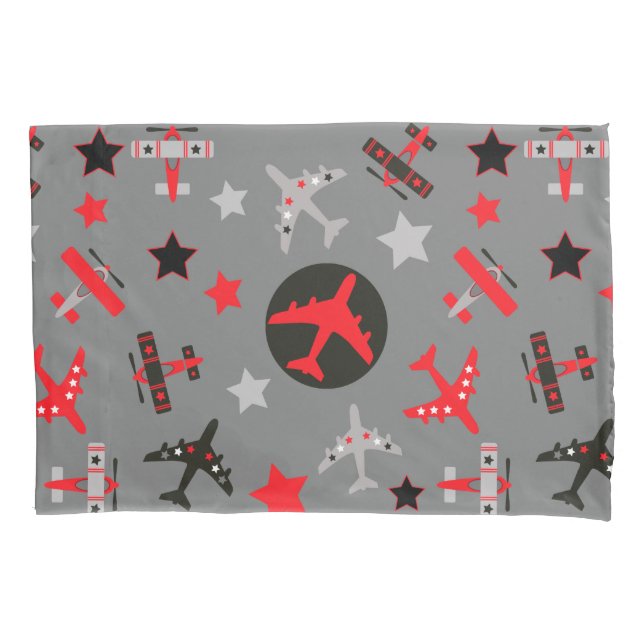 Red Black Grey Airplanes Pattern Pillowcase (Front)
