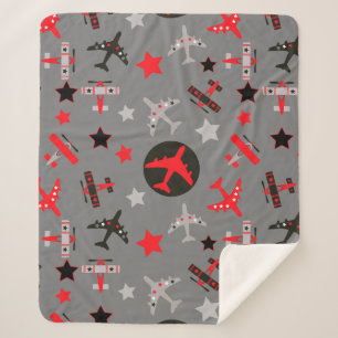 Red Black Grey AIrplanes Pattern Sherpa Blanket