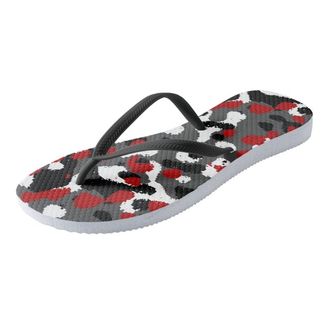 Red, Black, Grey and white Camo Abstract Flip Flops (Angled)