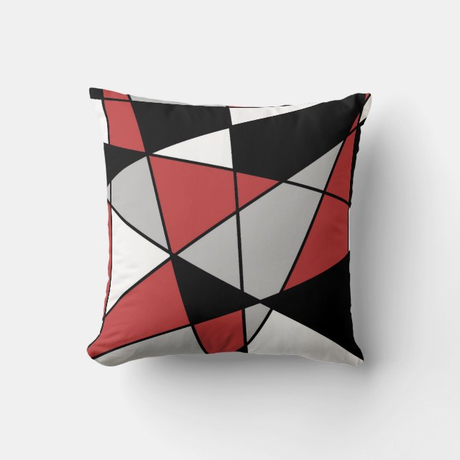 Red Black Grey and White Modern Geometric Pattern Throw Pillow (Front)