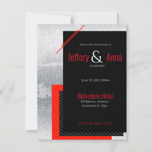 Red, black, grey, and white pinstripe invitation