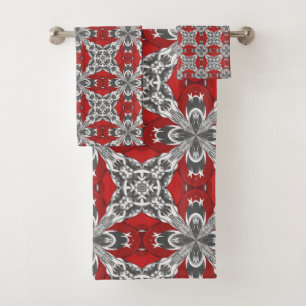 Red Black Grey and White Repeat Tile Pattern Bath Towel Set