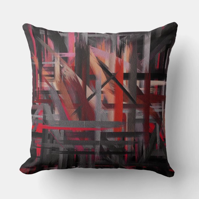 Red Black Grey Pink Abstract Painting Throw Pillow (Front)