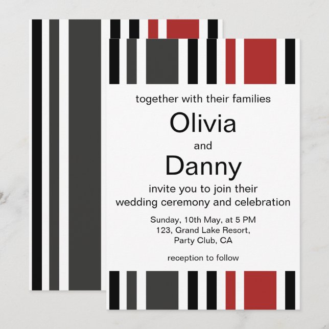 Red Black Grey Vertical Stripes Beach Wedding Invitation (Front/Back)